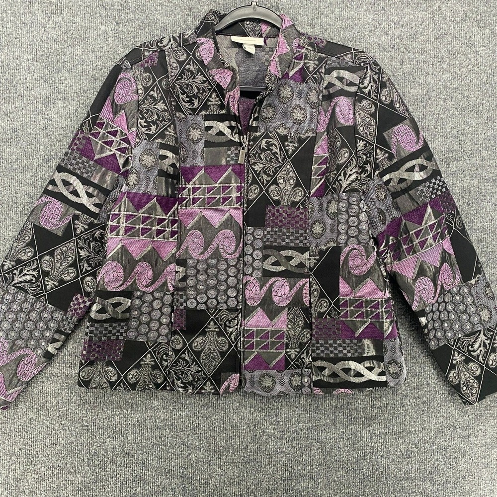 Dressbarn Blazer Jacket Womens‎ L Purple Patchwork Full Zip Long Sleeve Artsy